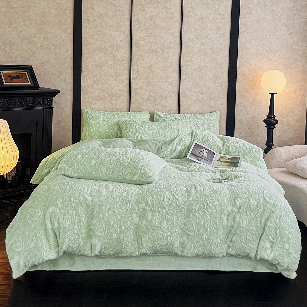 畅畅家纺 2025新款冬季立体烂花兔毛绒床单床笠四件套-佳人有约系列 佳人有约-青柠绿