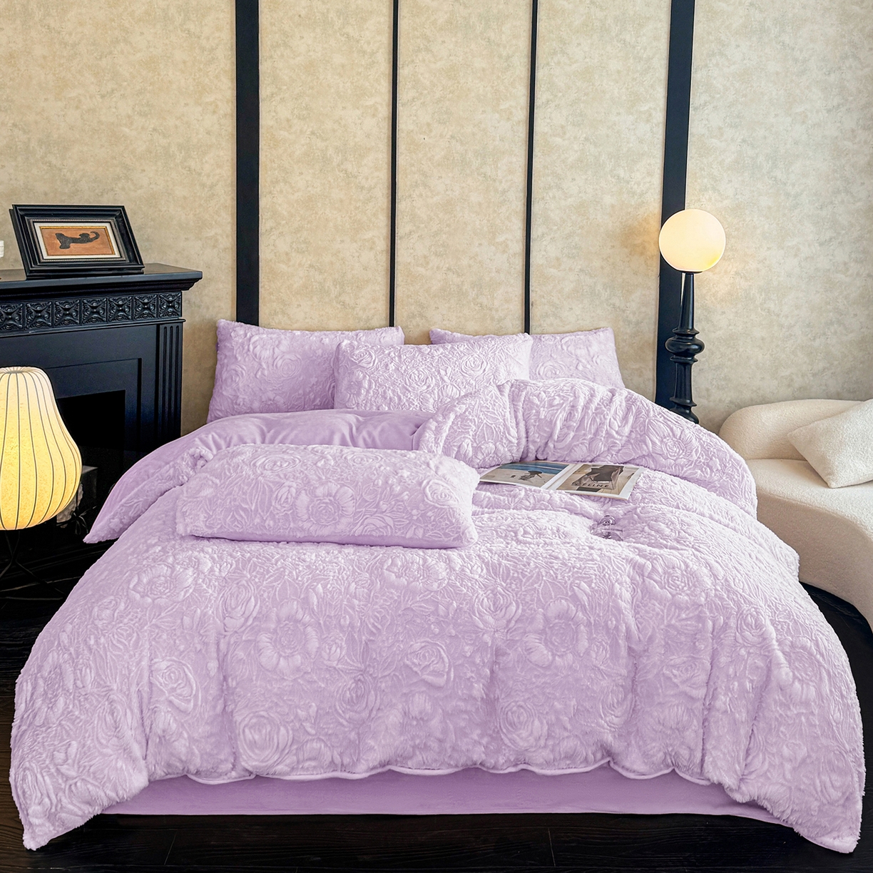 畅畅家纺 2025新款冬季立体烂花兔毛绒床单床笠四件套-佳人有约系列 佳人有约-浅紫