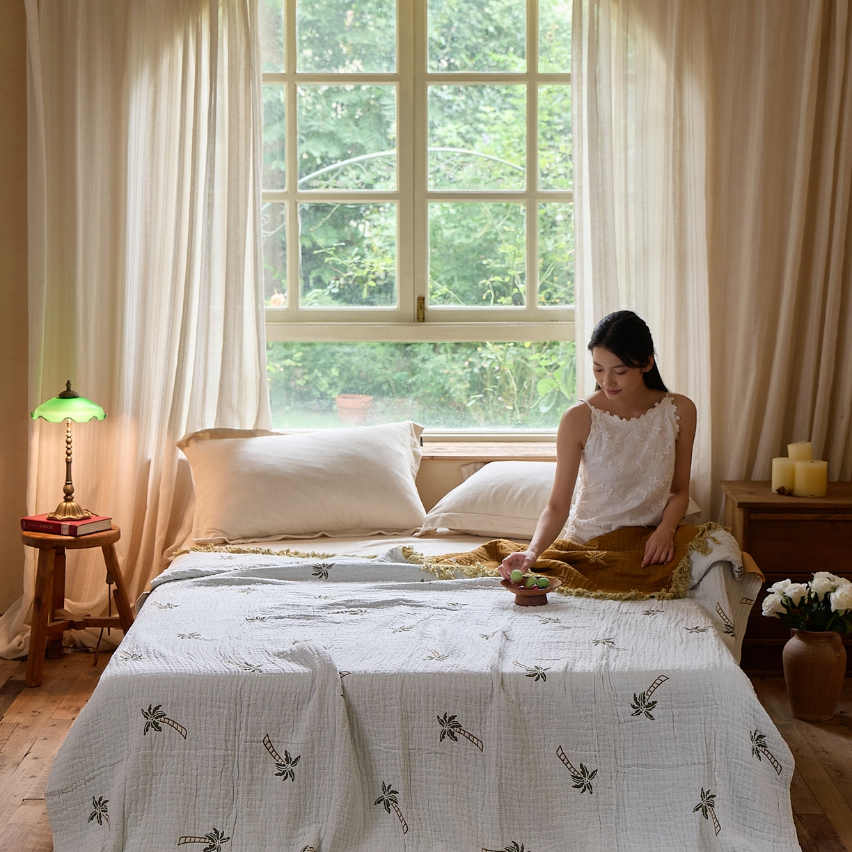 91家纺网 家纺一手货源 找家纺 沐瑟家纺 2025新款亲肤全棉纱布盖毯毯子 椰树-白色