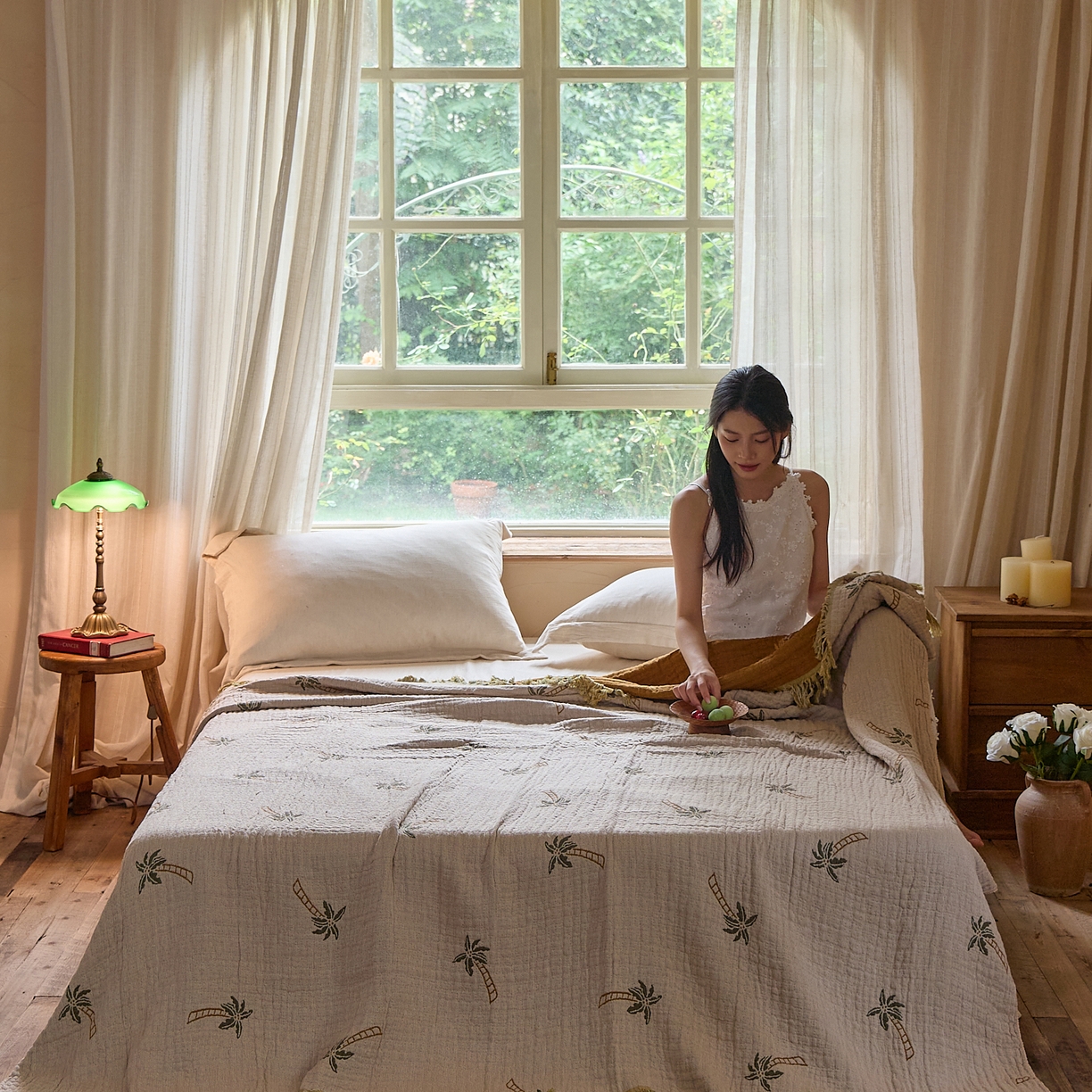 91家纺网 家纺一手货源 找家纺 沐瑟家纺 2025新款亲肤全棉纱布盖毯毯子 椰树-咖色