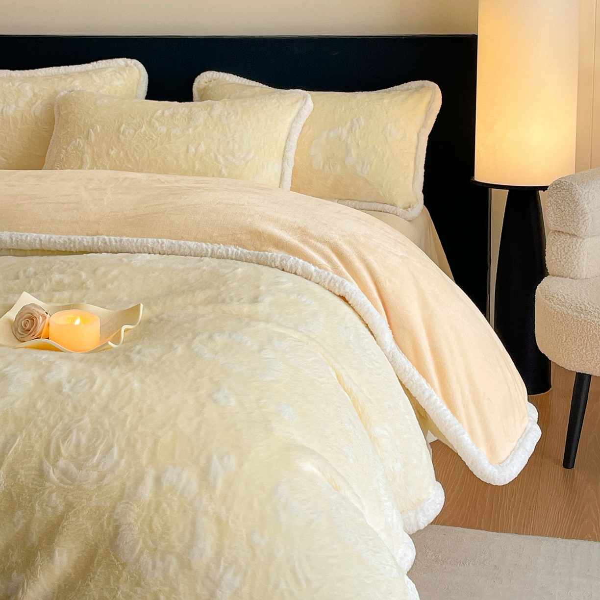 91家纺网 家纺一手货源 找家纺 （总）畅畅家纺 2025新款立体烂花兔毛包边款四件套-经典玫瑰系列