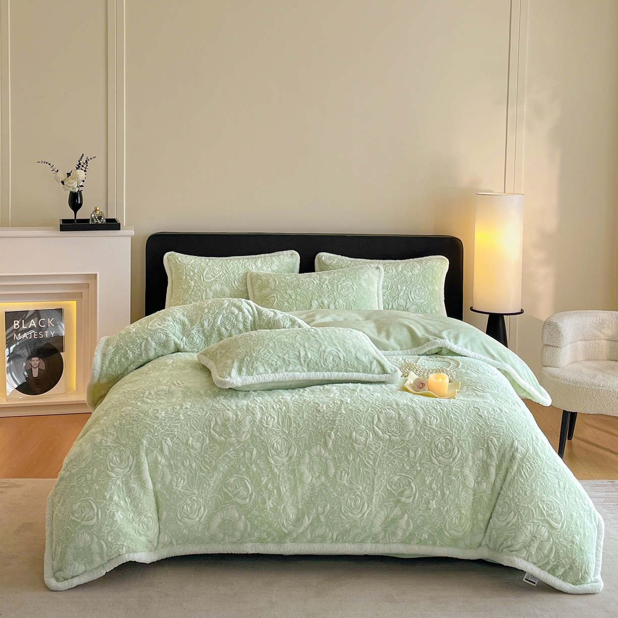 畅畅家纺 2025新款立体烂花兔毛包边款四件套-经典玫瑰系列 经典玫瑰-青柠绿
