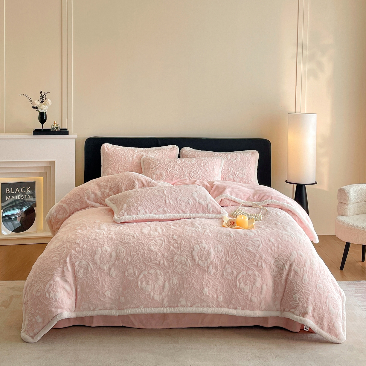 畅畅家纺 2025新款立体烂花兔毛包边款四件套-经典玫瑰系列 经典玫瑰-樱花粉