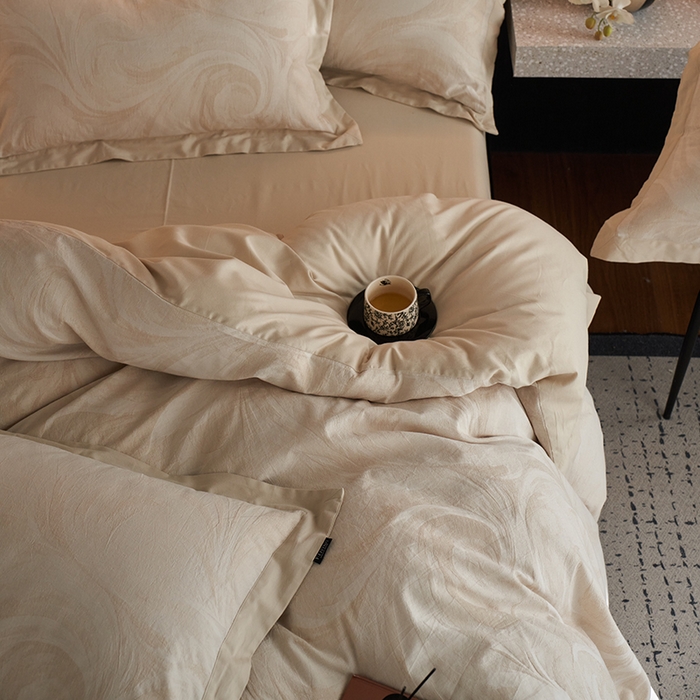 91家纺网 家纺一手货源 找家纺 （总）宜代光年 2025新款亚麻大提花贡缎磨毛四件套-拼角款