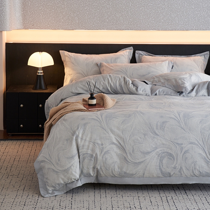 91家纺网 家纺一手货源 找家纺 宜代光年 2025新款亚麻大提花贡缎磨毛四件套-拼角款 云千-鲜蓝