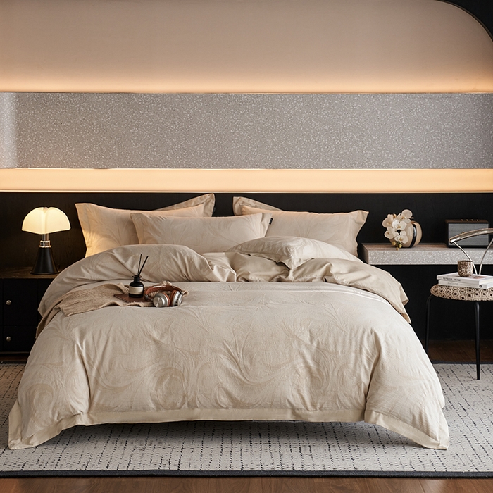 91家纺网 家纺一手货源 找家纺 宜代光年 2025新款亚麻大提花贡缎磨毛四件套-拼角款 云千-米麻