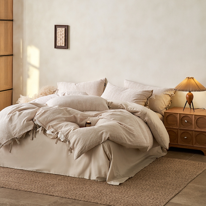 91家纺网 家纺一手货源 找家纺 （总）宜代光年 2025新款亚麻大提花贡缎磨毛四件套-侘寂风