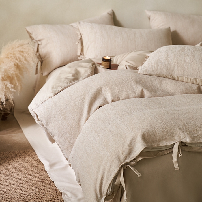 91家纺网 家纺一手货源 找家纺 （总）宜代光年 2025新款亚麻大提花贡缎磨毛四件套-侘寂风