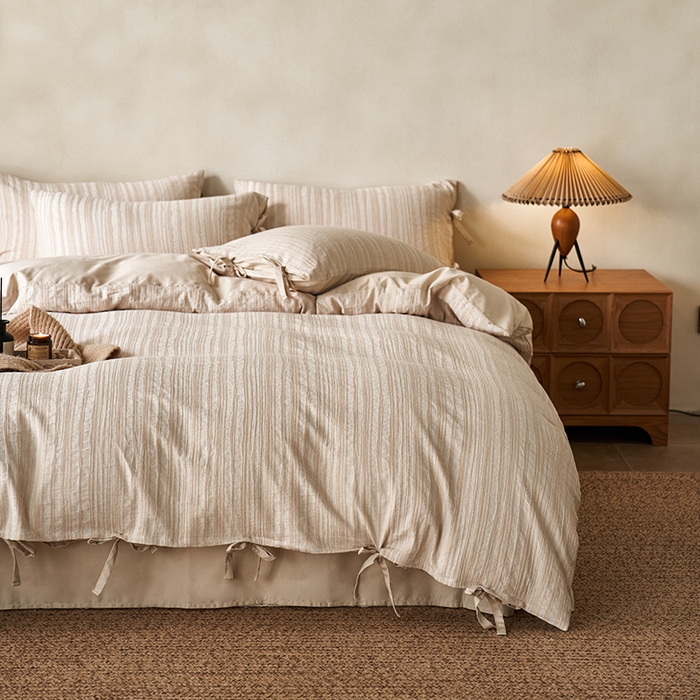 91家纺网 家纺一手货源 找家纺 （总）宜代光年 2025新款亚麻大提花贡缎磨毛四件套-侘寂风