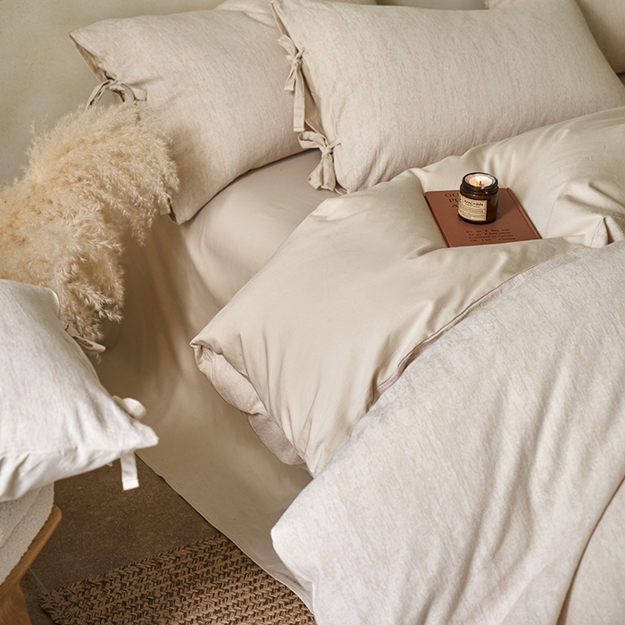 91家纺网 家纺一手货源 找家纺 宜代光年 2025新款亚麻大提花贡缎磨毛四件套-侘寂风 斑驳-米麻