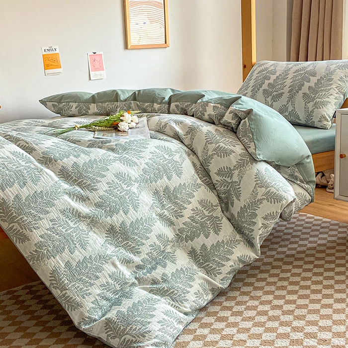 91家纺网 家纺一手货源 找家纺 宜代光年 2025新款60S水洗棉提花学生季三件套 镜中叶-绿