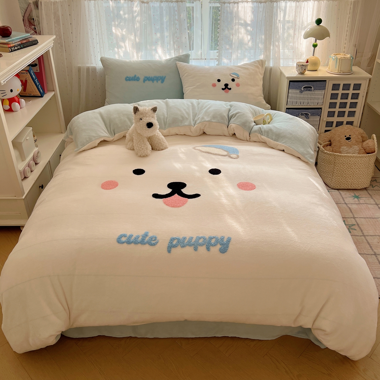 91家纺网 家纺一手货源 找家纺 顾里家纺 2025新款可爱表情包毛巾绣牛奶绒四件套 可爱狗