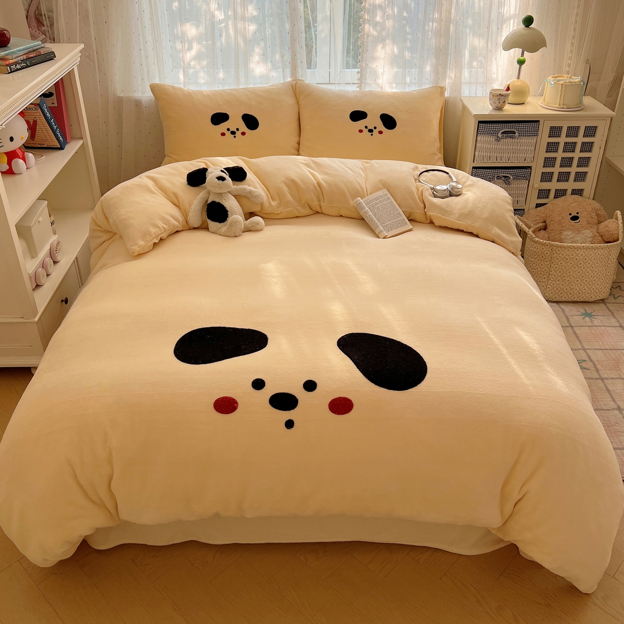 顾里家纺 2025新款可爱表情包毛巾绣牛奶绒四件套 大耳狗