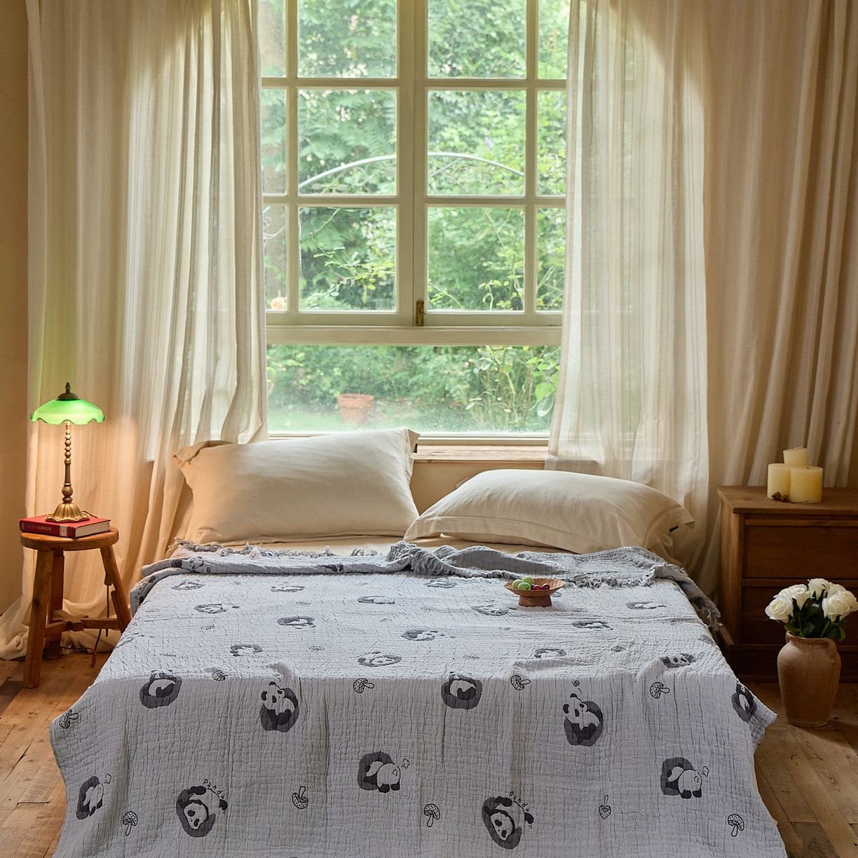 91家纺网 家纺一手货源 找家纺 沐瑟家纺 2025新款亲肤全棉纱布盖毯毯子 小熊猫