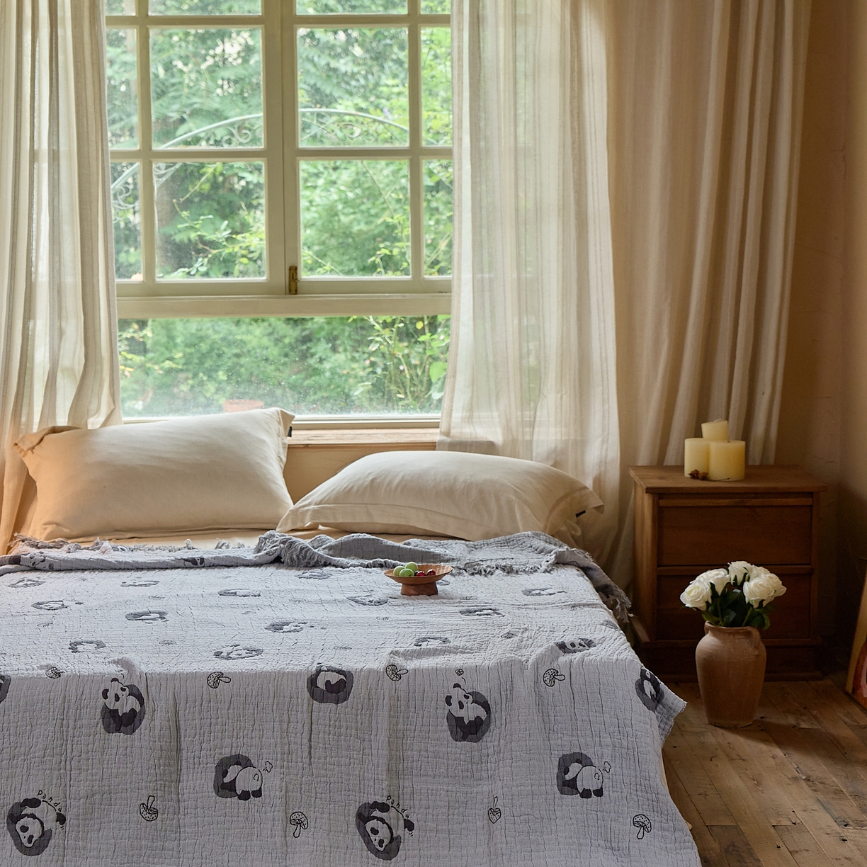 91家纺网 家纺一手货源 找家纺 沐瑟家纺 2025新款亲肤全棉纱布盖毯毯子 小熊猫