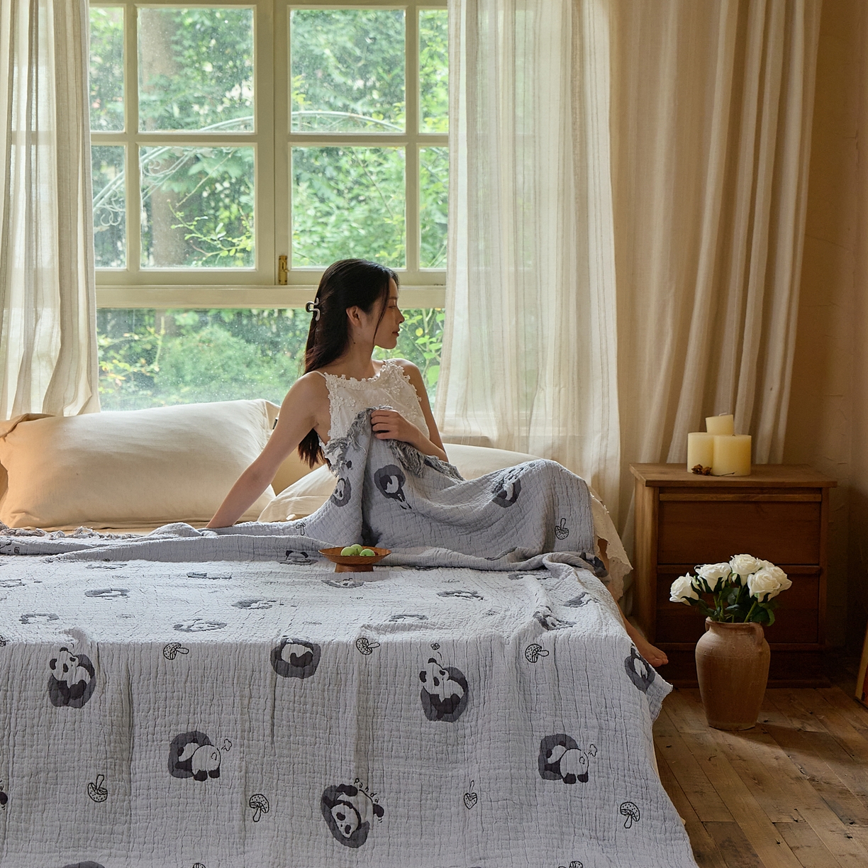 91家纺网 家纺一手货源 找家纺 沐瑟家纺 2025新款亲肤全棉纱布盖毯毯子 小熊猫