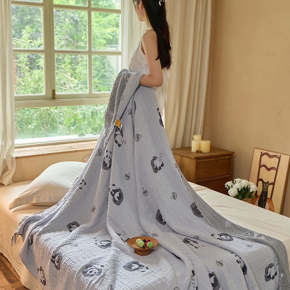 91家纺网 家纺一手货源 找家纺 沐瑟家纺 2025新款亲肤全棉纱布盖毯毯子 小熊猫