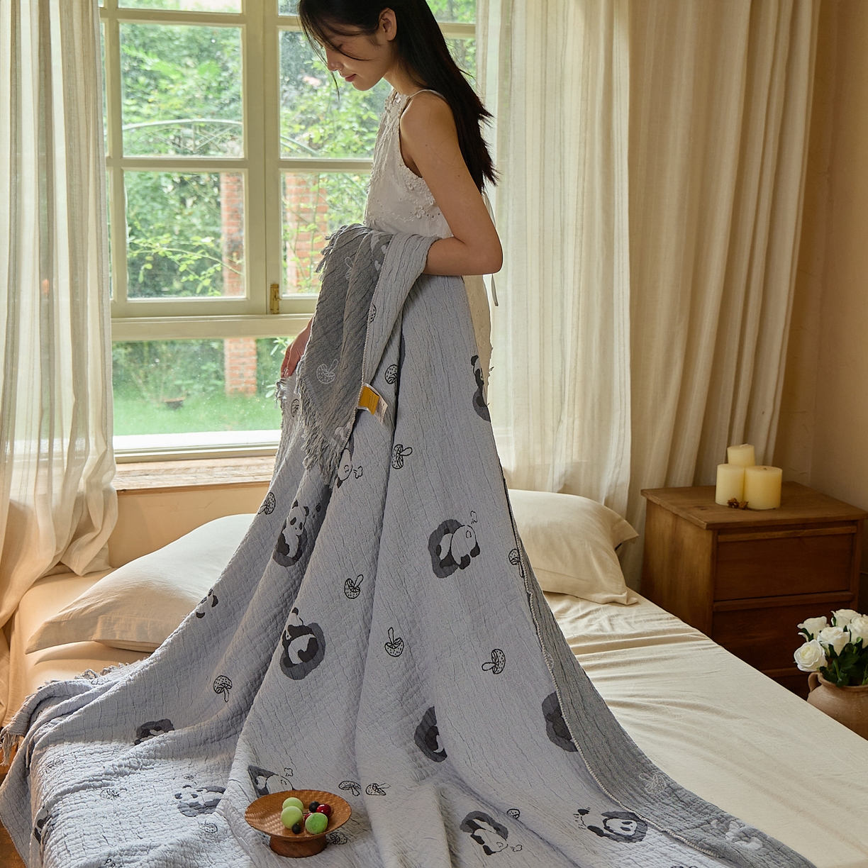 91家纺网 家纺一手货源 找家纺 沐瑟家纺 2025新款亲肤全棉纱布盖毯毯子 小熊猫