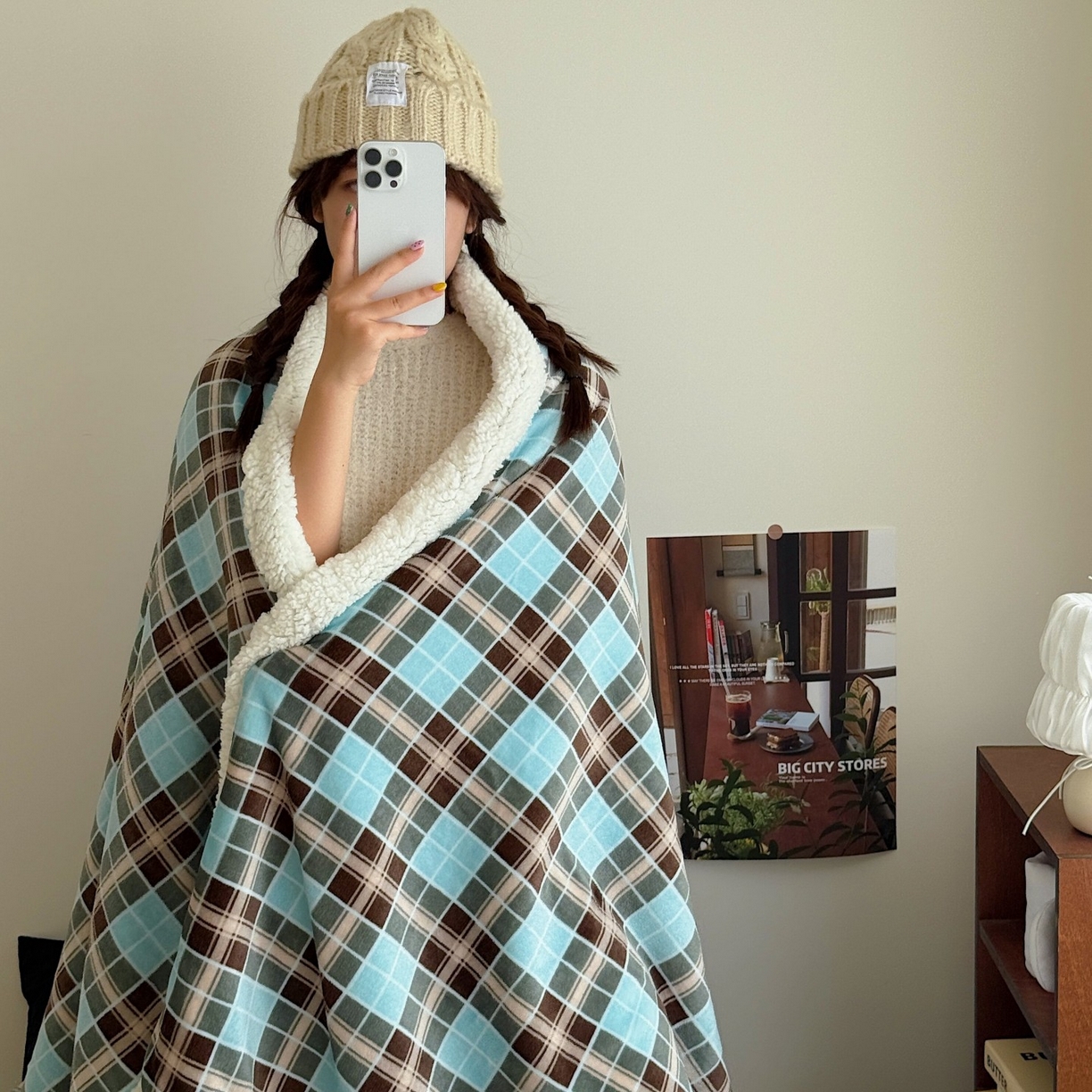 91家纺网 家纺一手货源 找家纺 顾里家纺 2025新款复古格系羊羔绒毯毯子（70*100cm会员11元 100*150cm会员19元 150*200cm会员34元 200*230cm会员43元） 薄荷甜巧