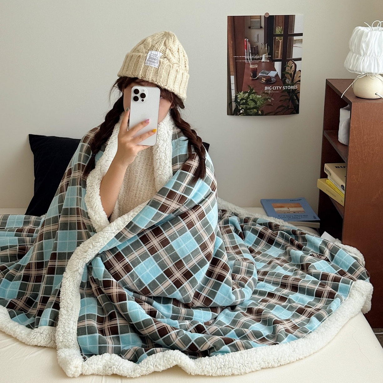 91家纺网 家纺一手货源 找家纺 顾里家纺 2025新款复古格系羊羔绒毯毯子（70*100cm会员11元 100*150cm会员19元 150*200cm会员34元 200*230cm会员43元） 薄荷甜巧