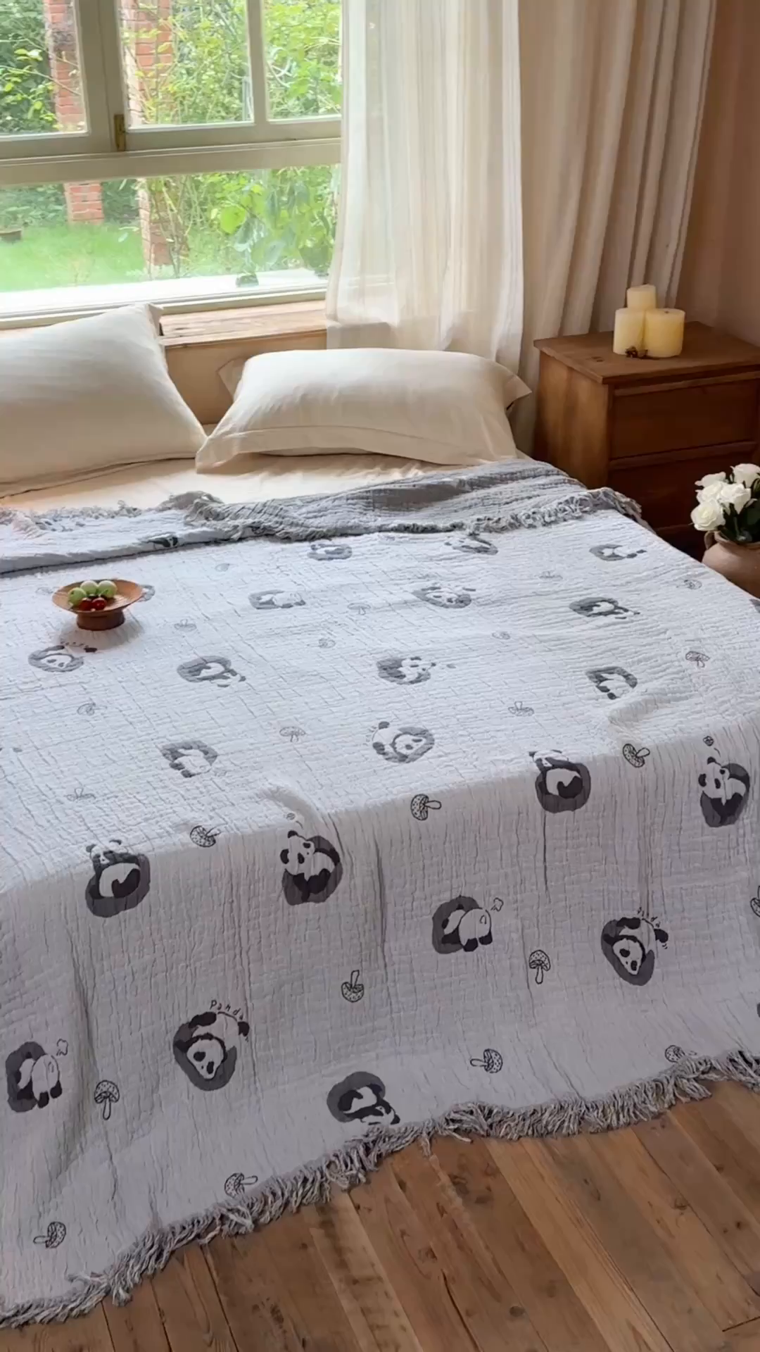 91家纺网 家纺一手货源 找家纺 沐瑟家纺 2025新款亲肤全棉纱布盖毯毯子 小熊猫