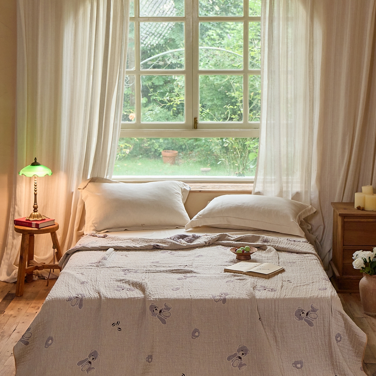 91家纺网 家纺一手货源 找家纺 沐瑟家纺 2025新款亲肤全棉纱布盖毯毯子 熊仔派对