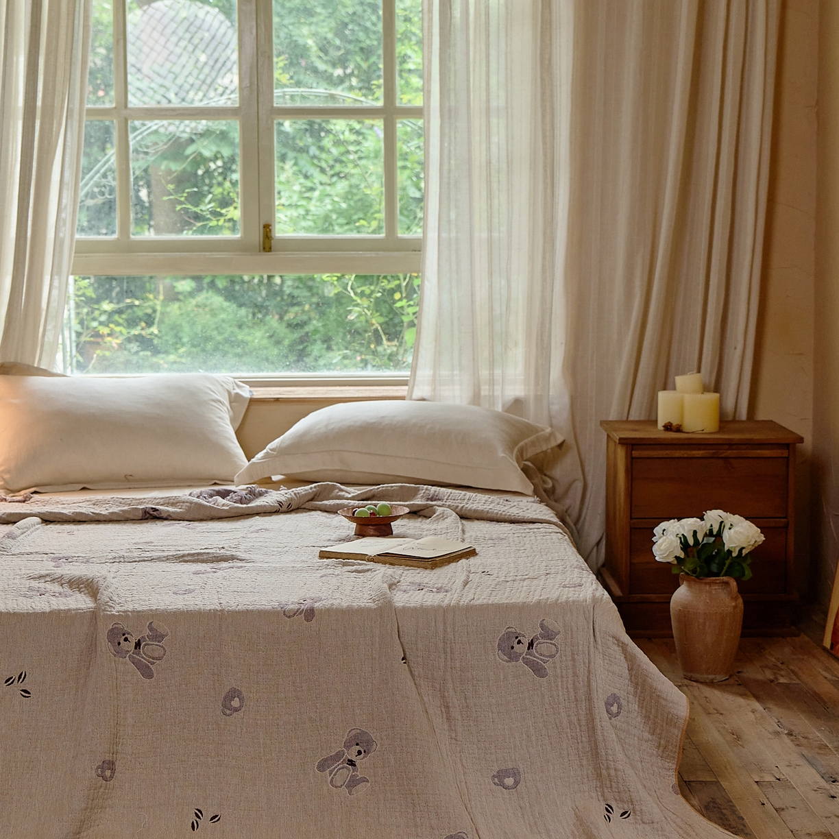 91家纺网 家纺一手货源 找家纺 沐瑟家纺 2025新款亲肤全棉纱布盖毯毯子 熊仔派对