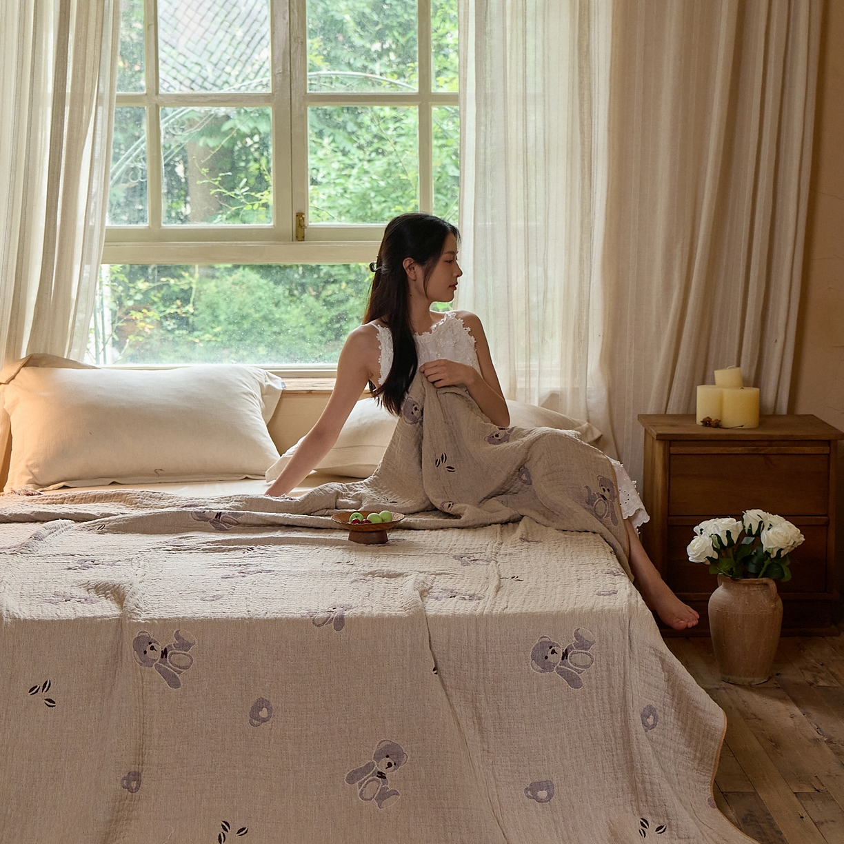 91家纺网 家纺一手货源 找家纺 沐瑟家纺 2025新款亲肤全棉纱布盖毯毯子 熊仔派对