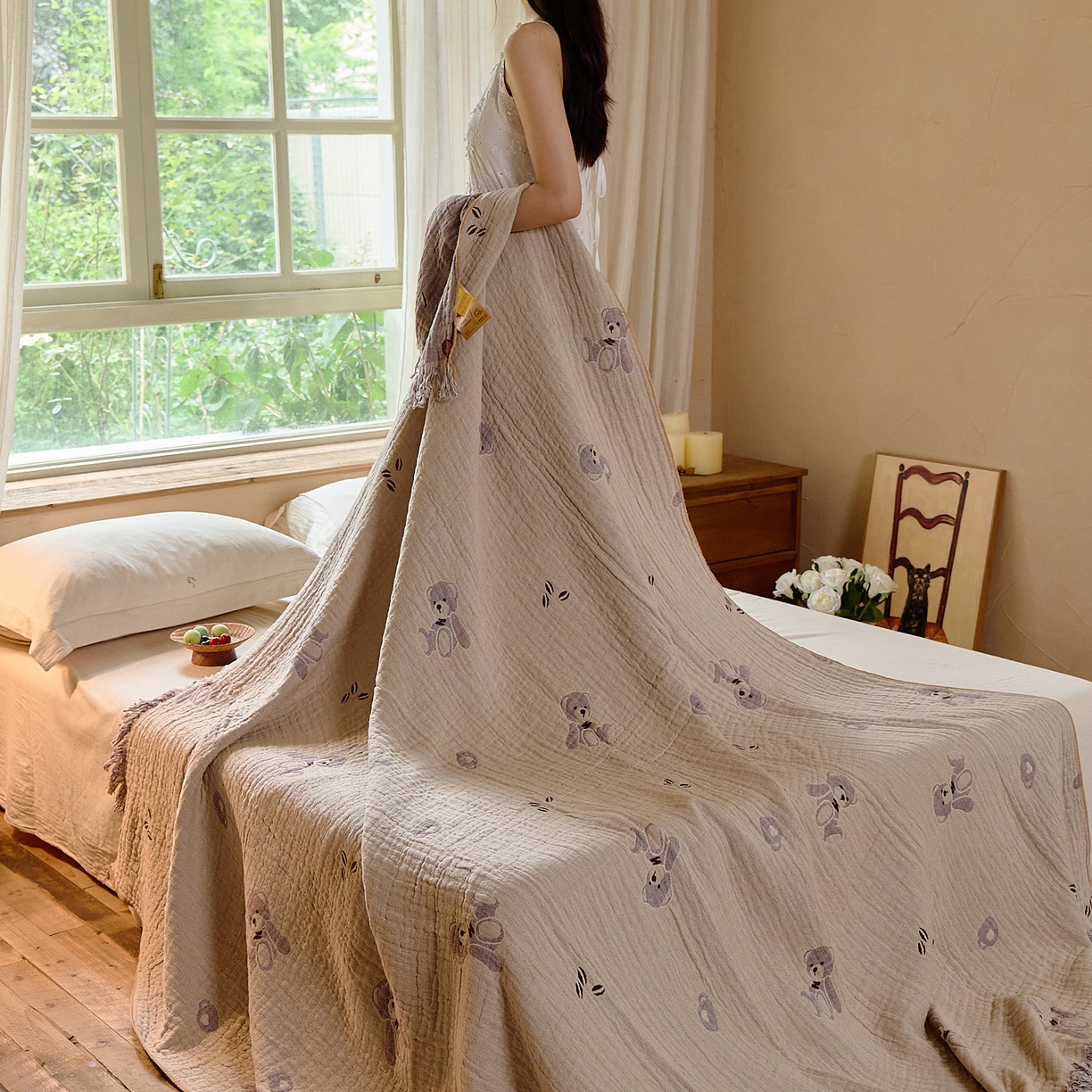 91家纺网 家纺一手货源 找家纺 沐瑟家纺 2025新款亲肤全棉纱布盖毯毯子 熊仔派对