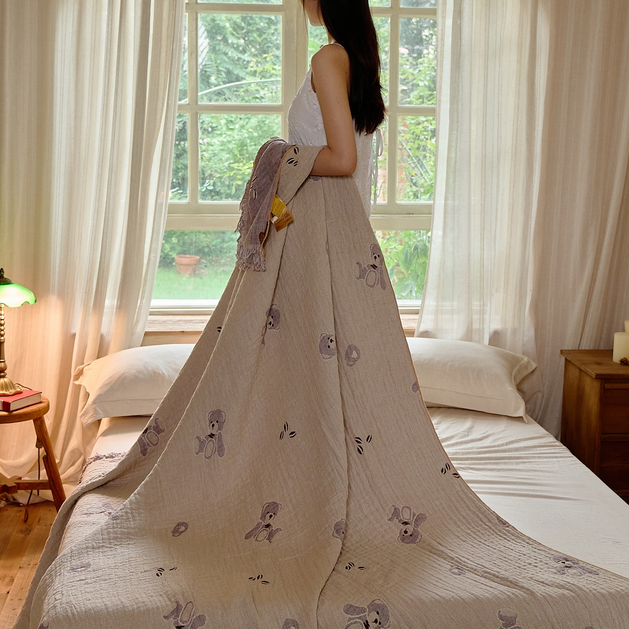 91家纺网 家纺一手货源 找家纺 沐瑟家纺 2025新款亲肤全棉纱布盖毯毯子 熊仔派对