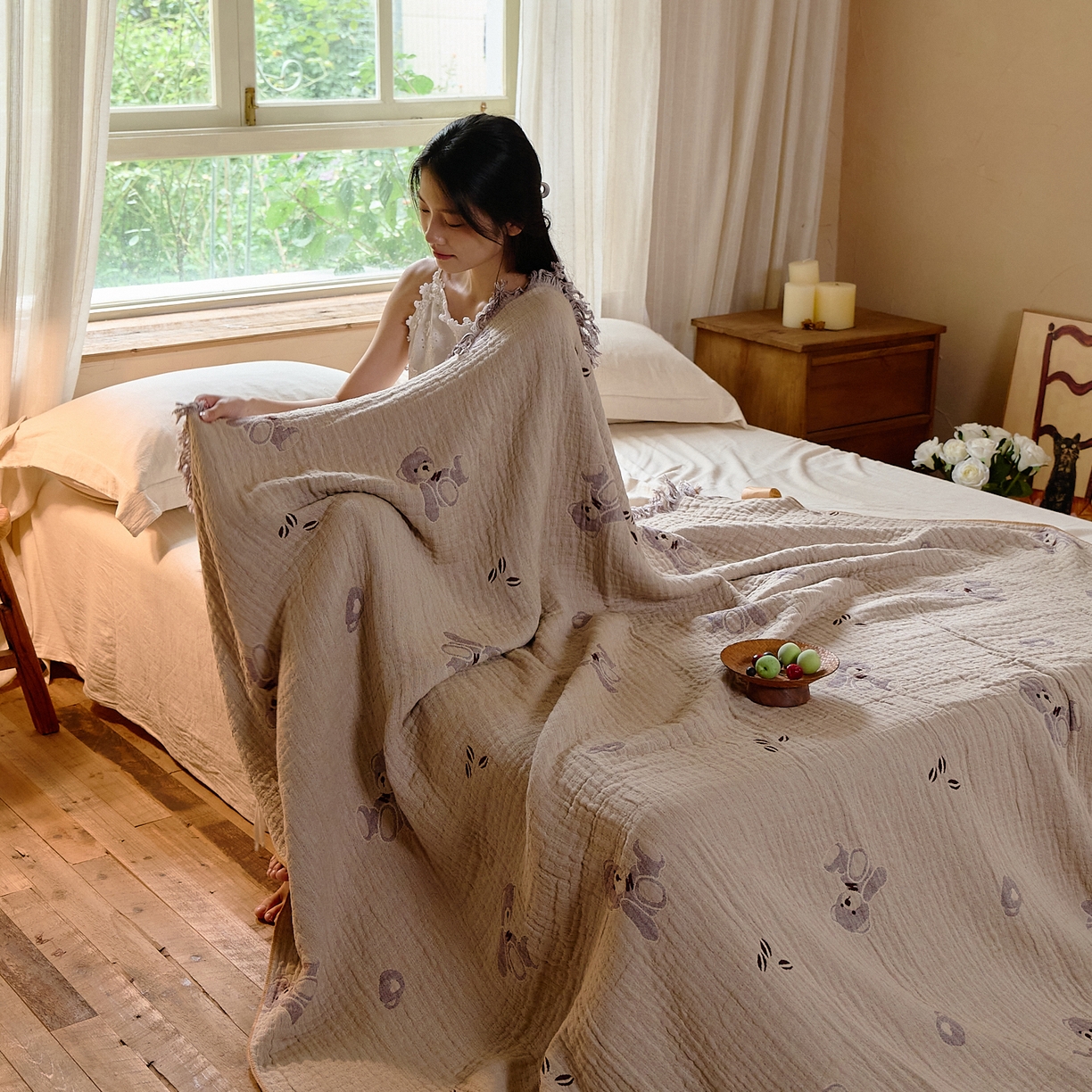 91家纺网 家纺一手货源 找家纺 沐瑟家纺 2025新款亲肤全棉纱布盖毯毯子 熊仔派对