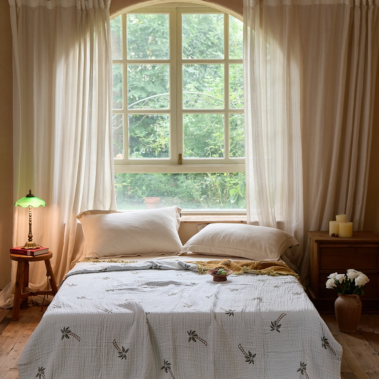 91家纺网 家纺一手货源 找家纺 沐瑟家纺 2025新款亲肤全棉纱布盖毯毯子 椰树-白色