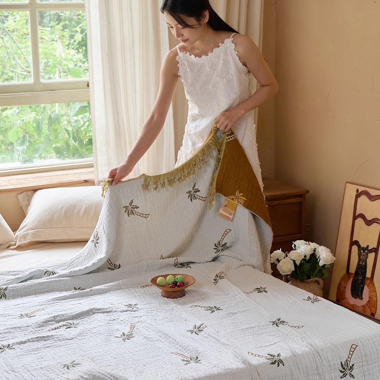 91家纺网 家纺一手货源 找家纺 沐瑟家纺 2025新款亲肤全棉纱布盖毯毯子 椰树-白色