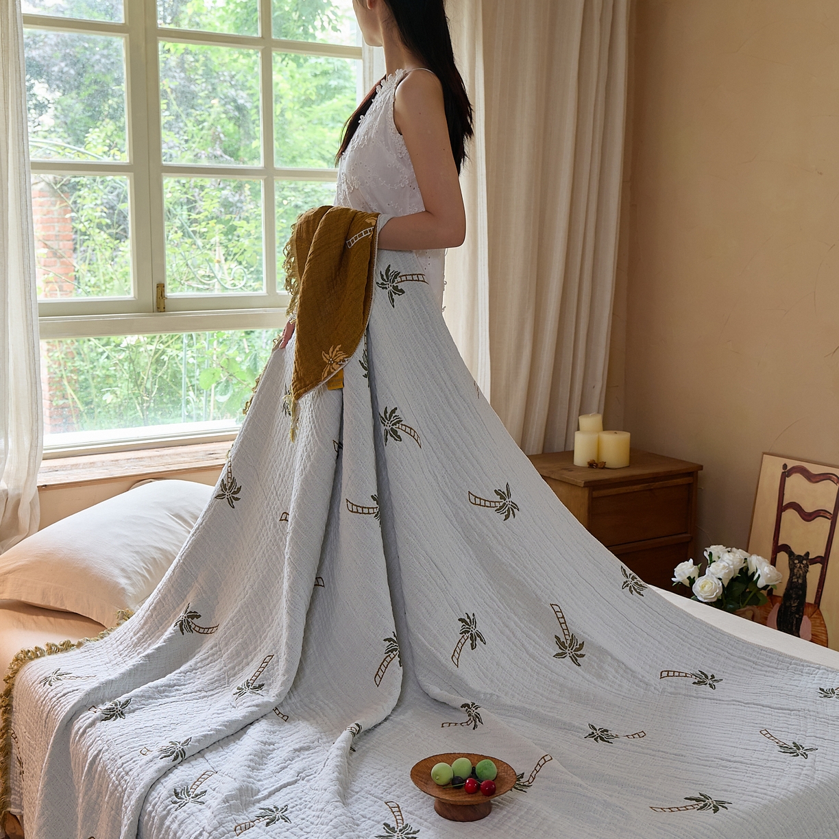 91家纺网 家纺一手货源 找家纺 沐瑟家纺 2025新款亲肤全棉纱布盖毯毯子 椰树-白色