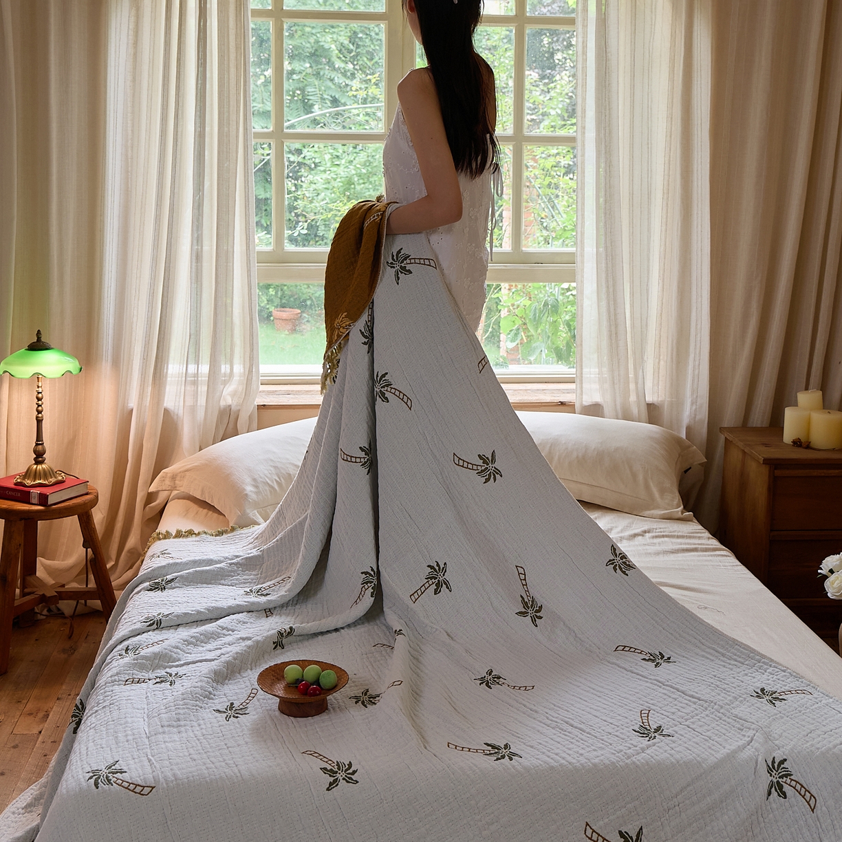 91家纺网 家纺一手货源 找家纺 沐瑟家纺 2025新款亲肤全棉纱布盖毯毯子 椰树-白色