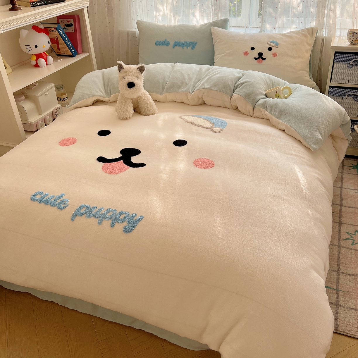 91家纺网 家纺一手货源 找家纺 顾里家纺 2025新款可爱表情包毛巾绣牛奶绒四件套 可爱狗