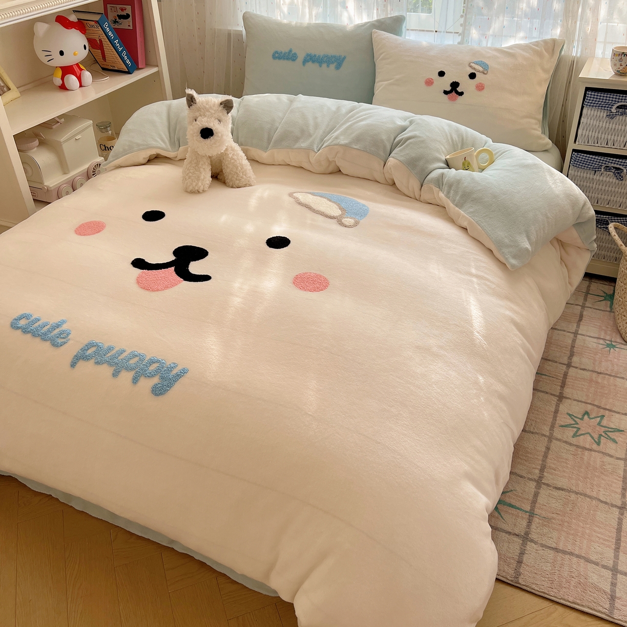 91家纺网 家纺一手货源 找家纺 顾里家纺 2025新款可爱表情包毛巾绣牛奶绒四件套 可爱狗