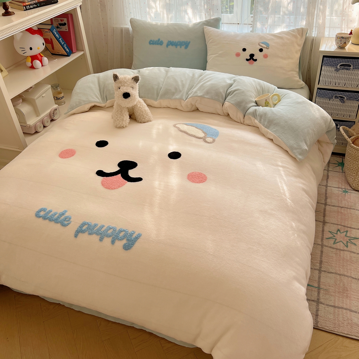 91家纺网 家纺一手货源 找家纺 顾里家纺 2025新款可爱表情包毛巾绣牛奶绒四件套 可爱狗