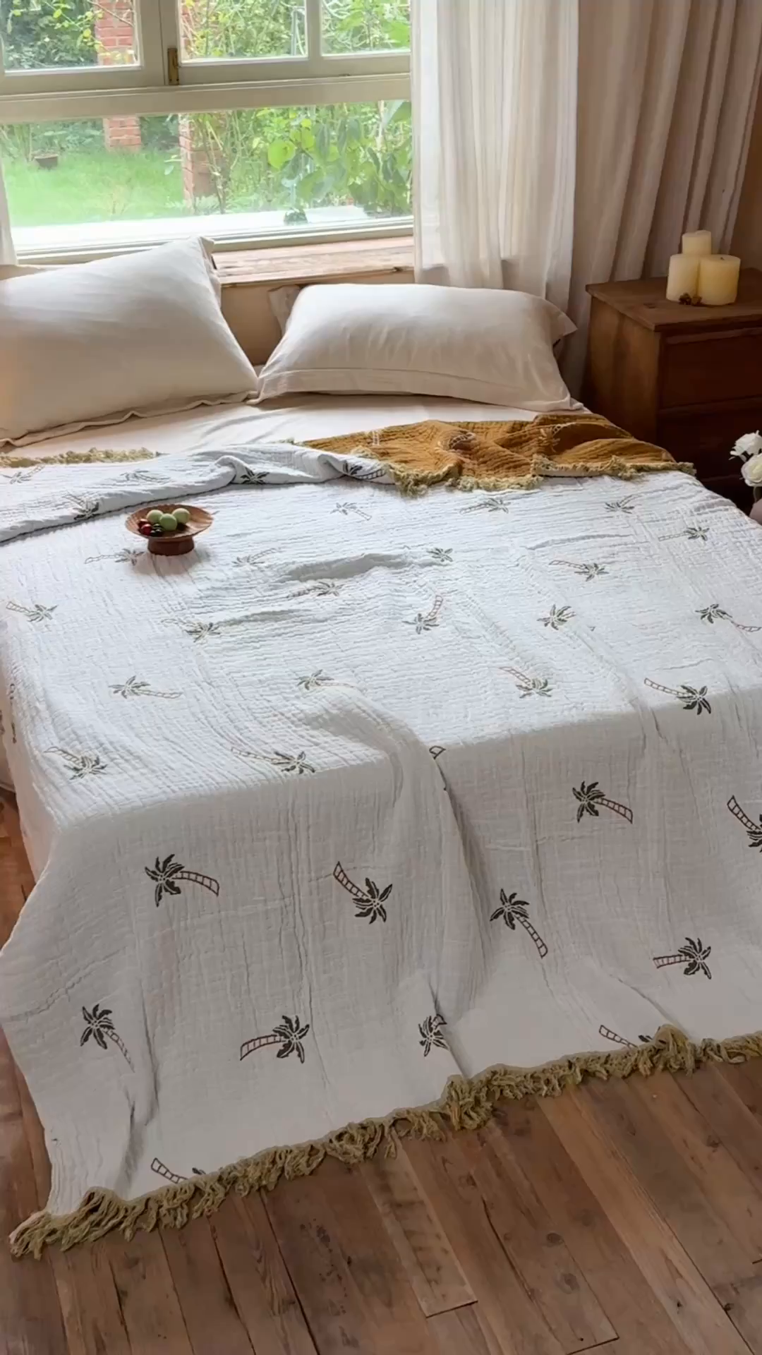 91家纺网 家纺一手货源 找家纺 沐瑟家纺 2025新款亲肤全棉纱布盖毯毯子 椰树-白色