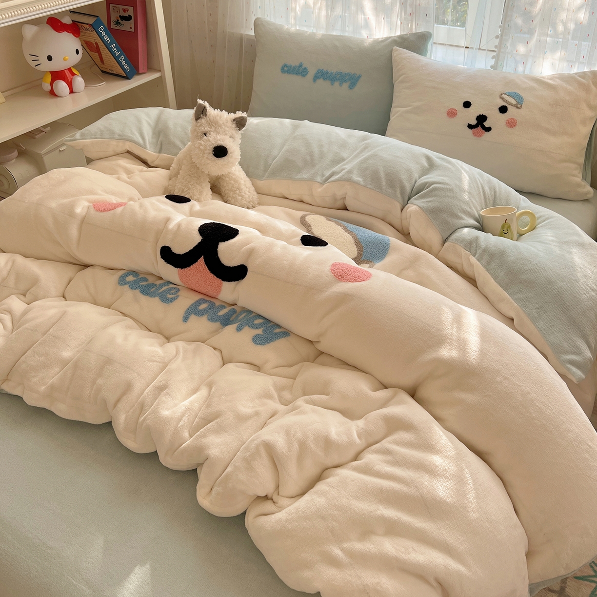 91家纺网 家纺一手货源 找家纺 顾里家纺 2025新款可爱表情包毛巾绣牛奶绒四件套 可爱狗