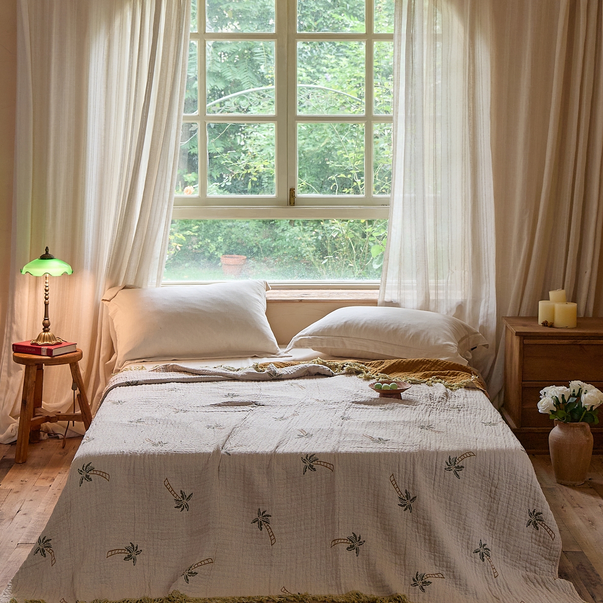 91家纺网 家纺一手货源 找家纺 沐瑟家纺 2025新款亲肤全棉纱布盖毯毯子 椰树-咖色