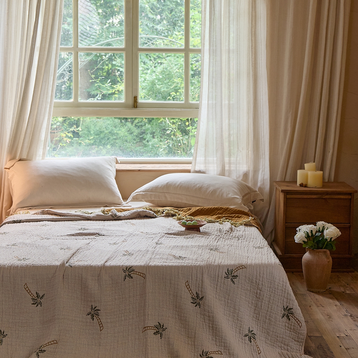 91家纺网 家纺一手货源 找家纺 沐瑟家纺 2025新款亲肤全棉纱布盖毯毯子 椰树-咖色