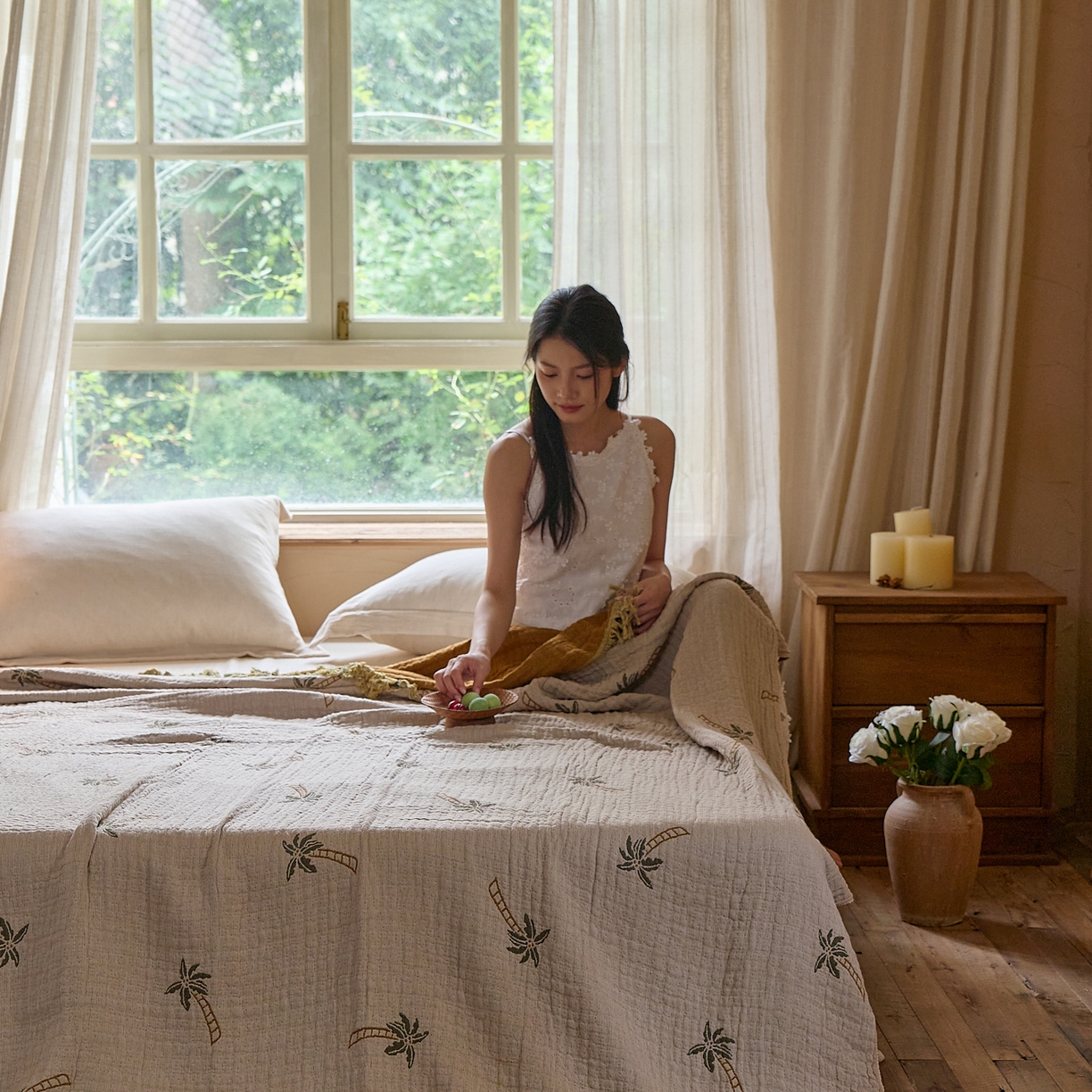 91家纺网 家纺一手货源 找家纺 沐瑟家纺 2025新款亲肤全棉纱布盖毯毯子 椰树-咖色