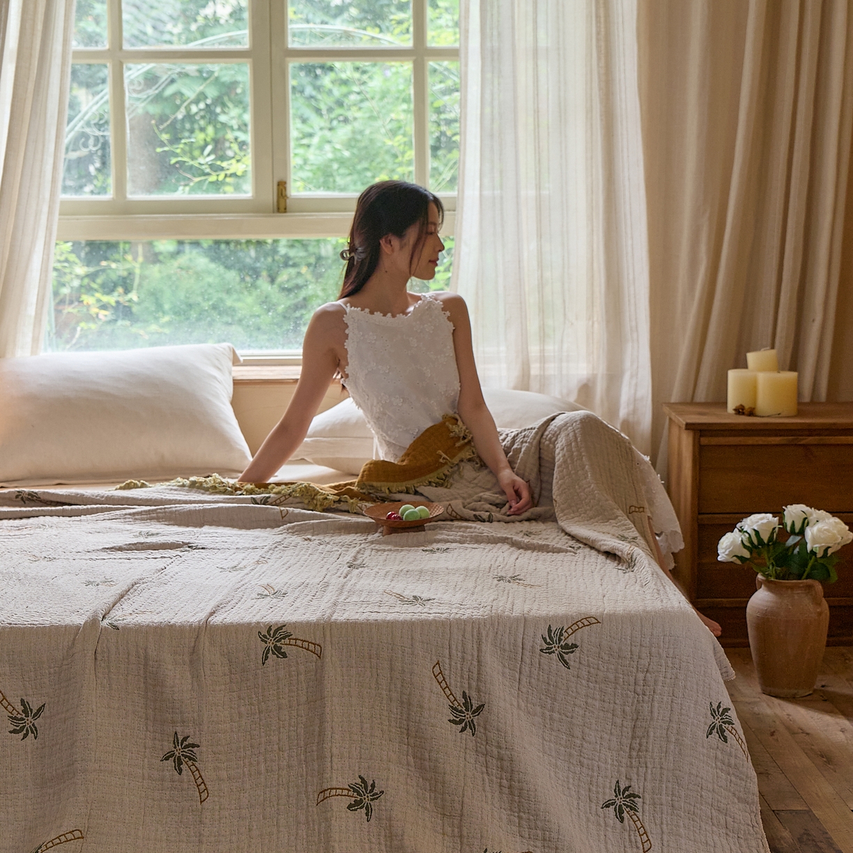 91家纺网 家纺一手货源 找家纺 沐瑟家纺 2025新款亲肤全棉纱布盖毯毯子 椰树-咖色