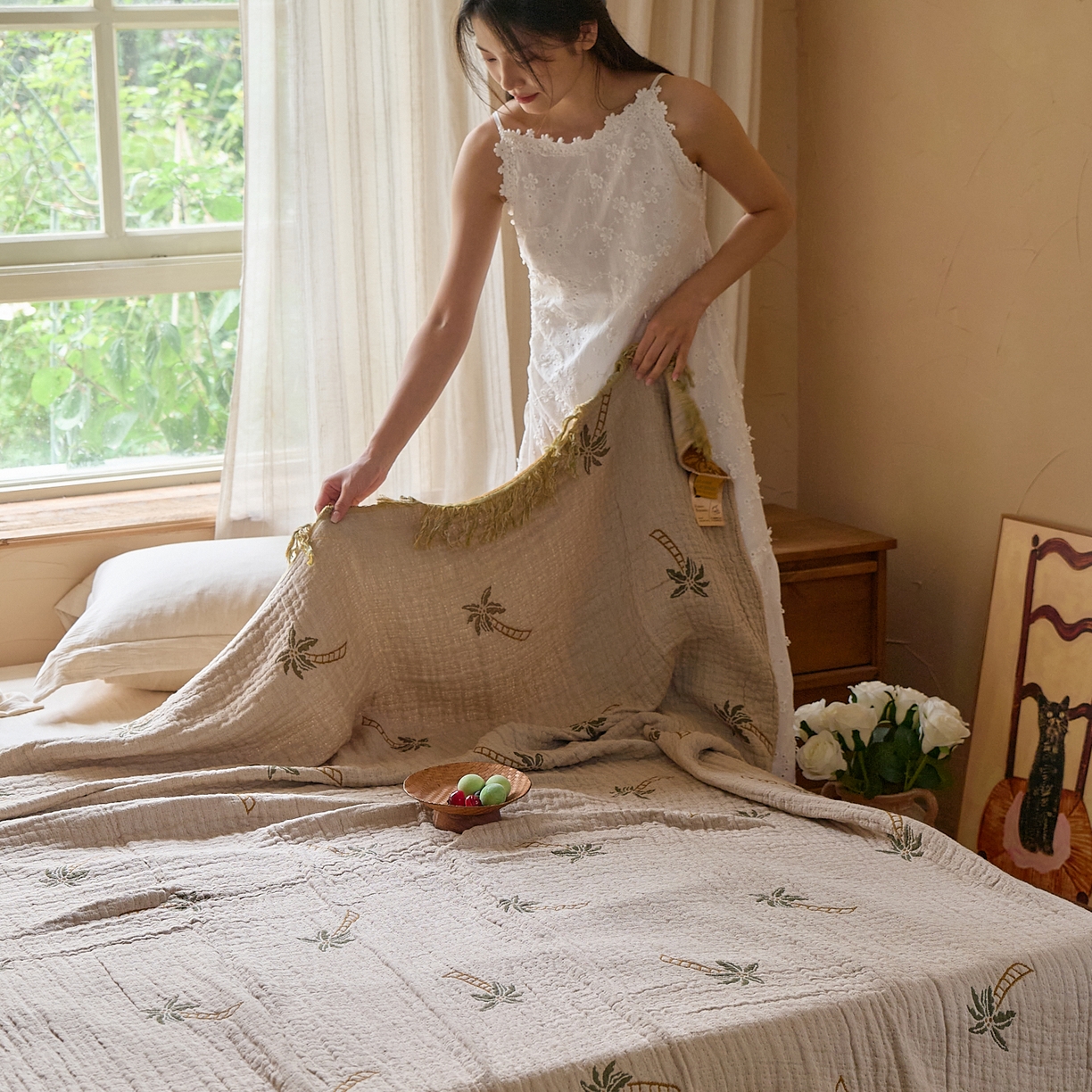 91家纺网 家纺一手货源 找家纺 沐瑟家纺 2025新款亲肤全棉纱布盖毯毯子 椰树-咖色