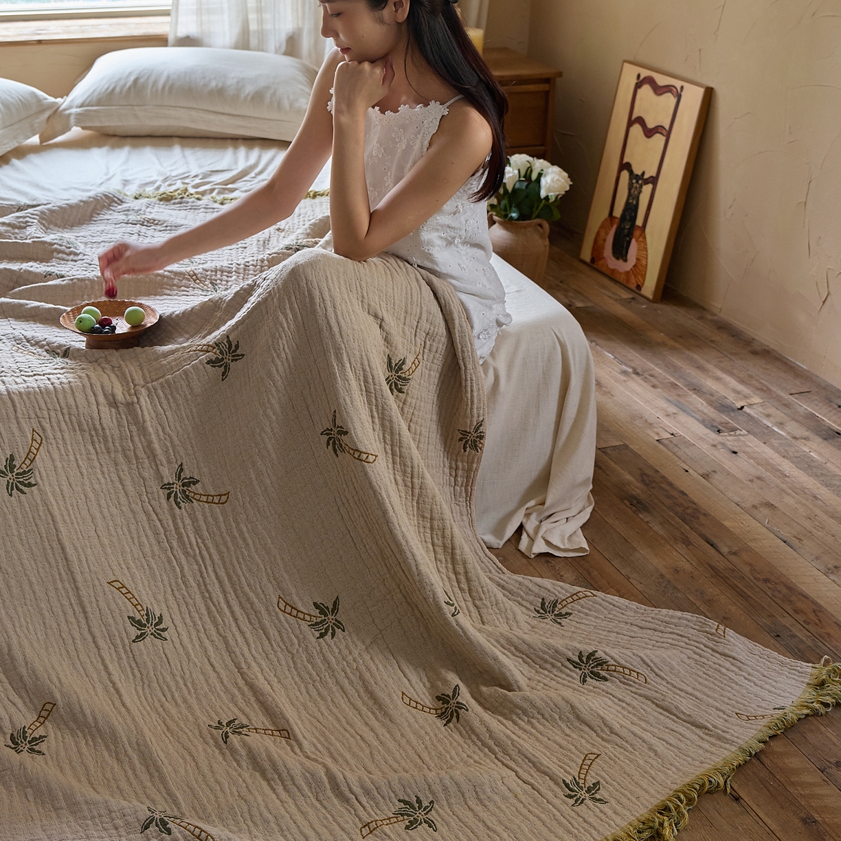 91家纺网 家纺一手货源 找家纺 沐瑟家纺 2025新款亲肤全棉纱布盖毯毯子 椰树-咖色