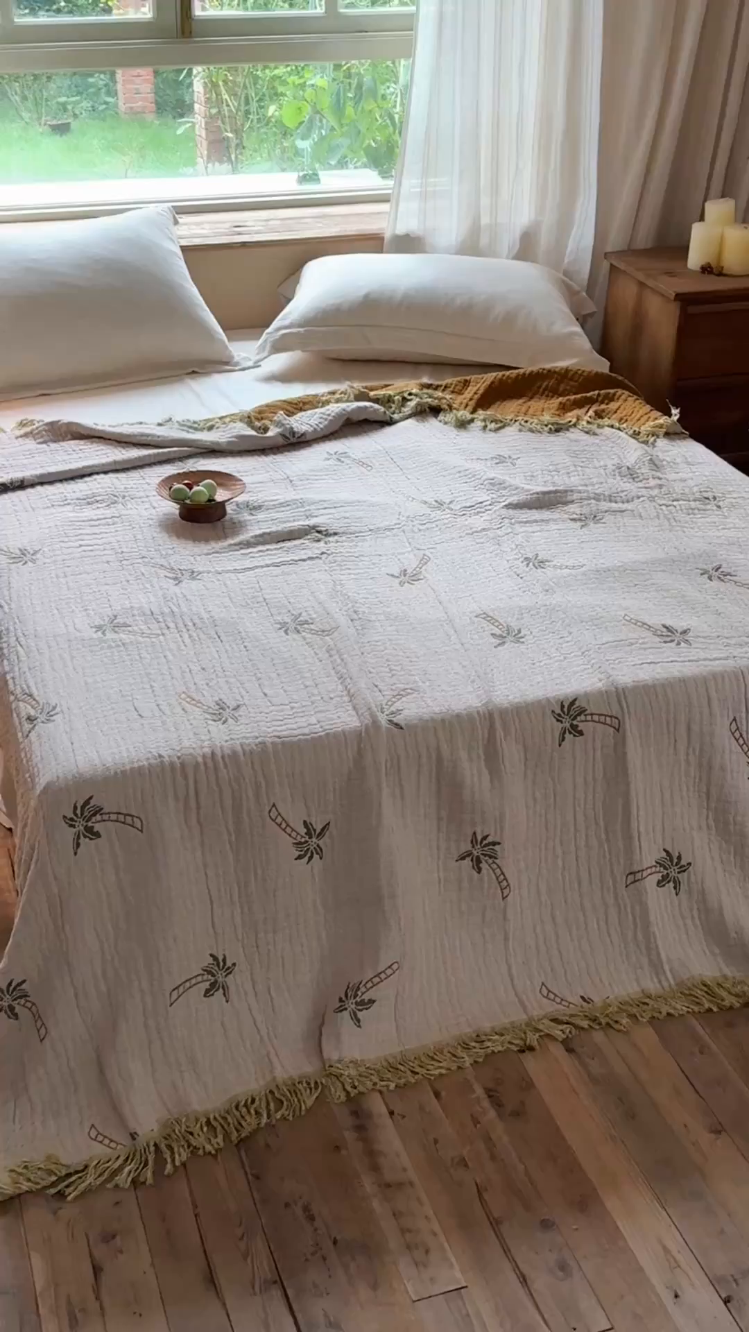 91家纺网 家纺一手货源 找家纺 沐瑟家纺 2025新款亲肤全棉纱布盖毯毯子 椰树-咖色