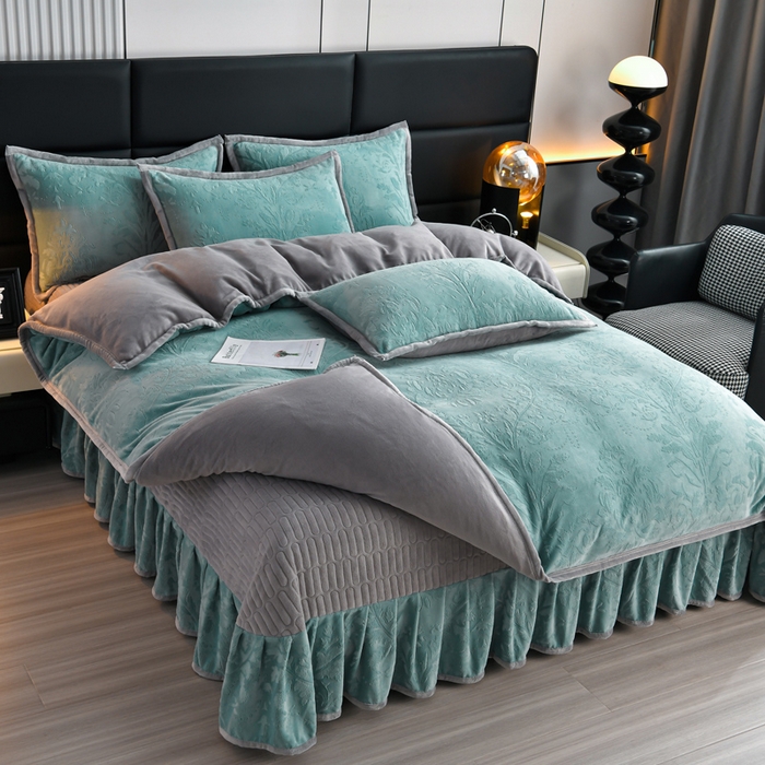 91家纺网 家纺一手货源 找家纺 星窝家纺 2025新款雕花绒床盖四件套 控价标准139（直播拼多多淘宝） 灵动蓝+灰