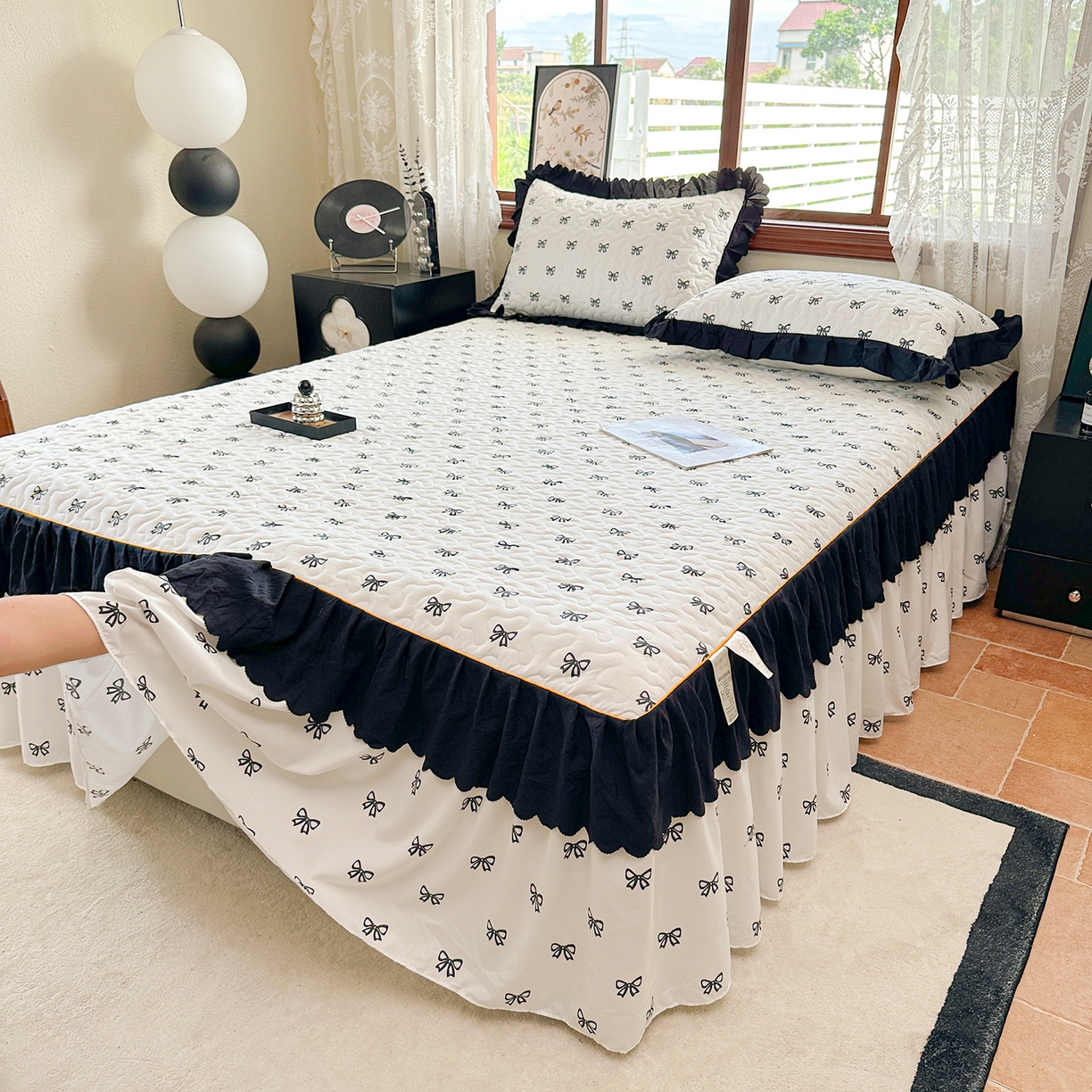 91家纺网 家纺一手货源 找家纺 笠裙家纺 2025新款水洗棉荷叶花边法式赫本风夹棉加厚床裙单床裙床裙单件 夹棉-蝴蝶结