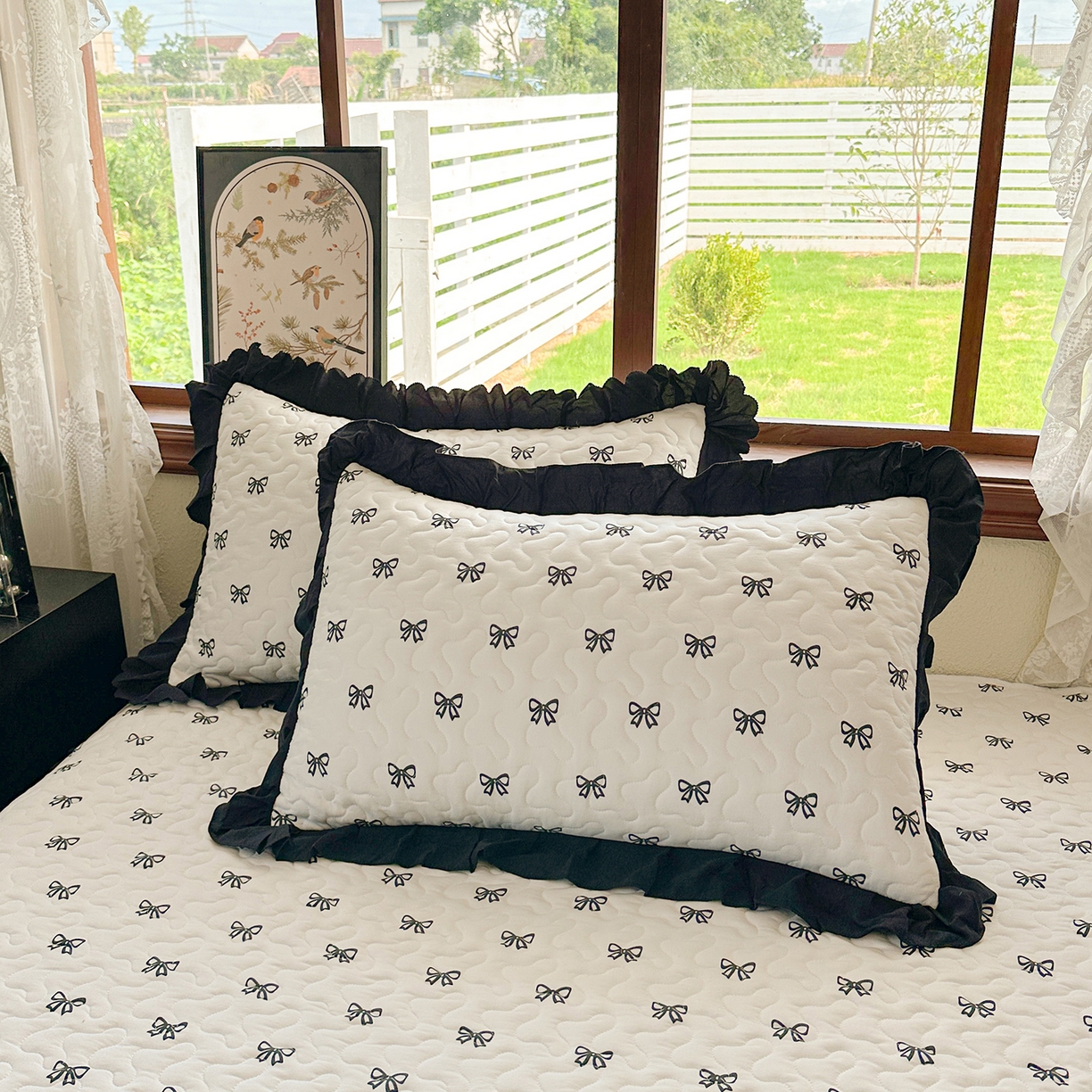 91家纺网 家纺一手货源 找家纺 笠裙家纺 2025新款水洗棉荷叶花边法式赫本风夹棉加厚床裙单床裙床裙单件 夹棉-蝴蝶结